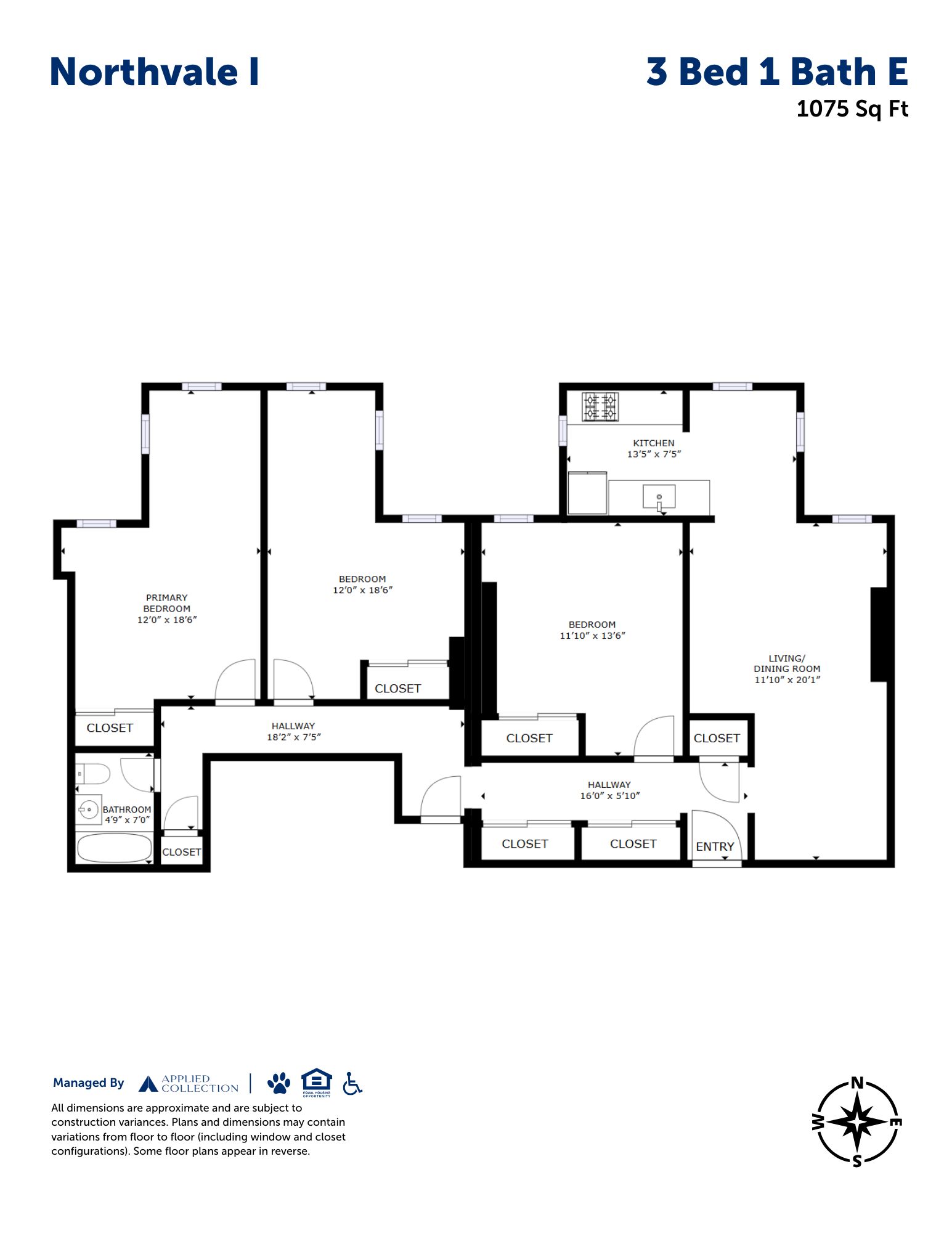 Floor plan for 3 beds, 1 bath, 1075 sqft